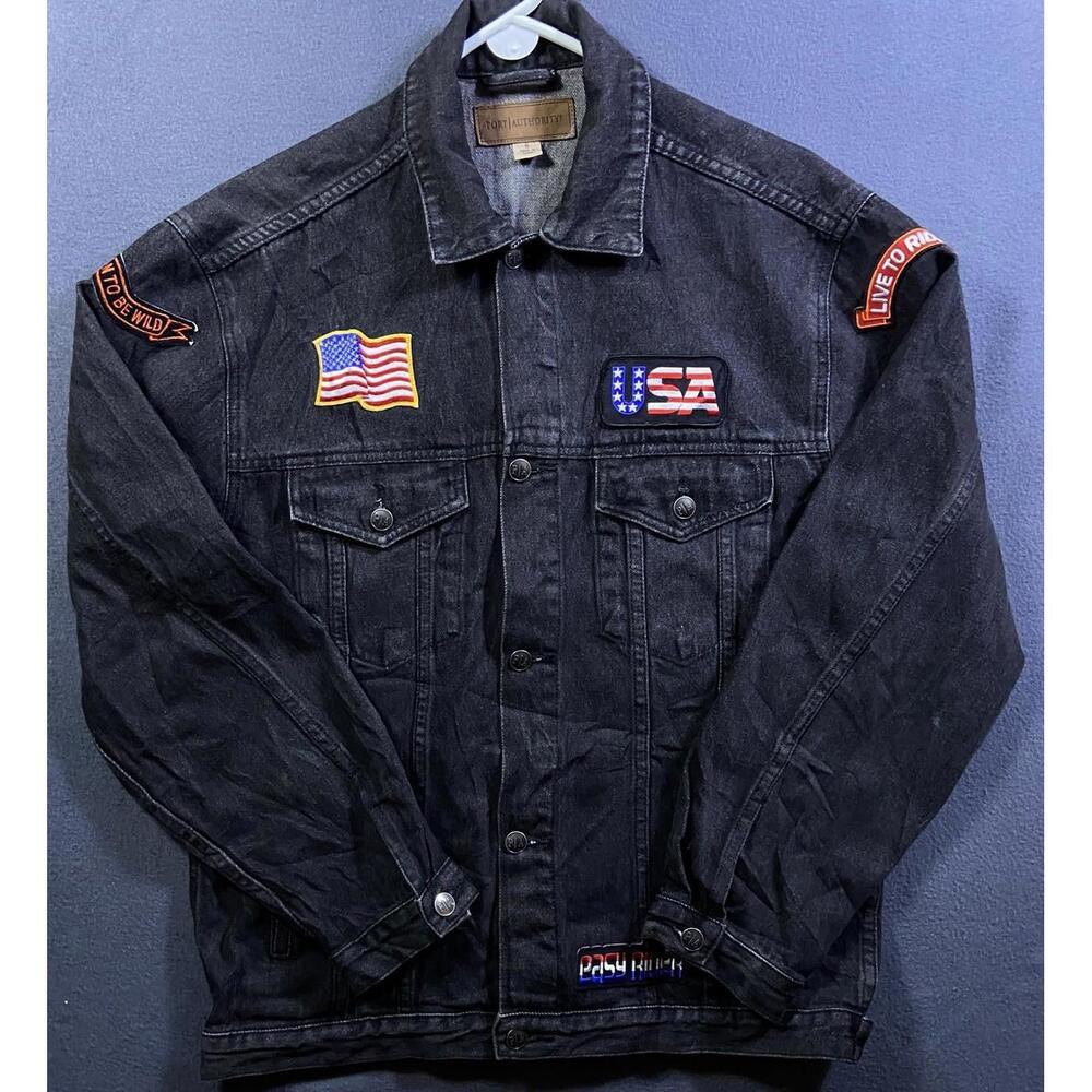 Patriotic Biker Port Authority Jean Jacket Men's S Black Denim Trucker Buttons
